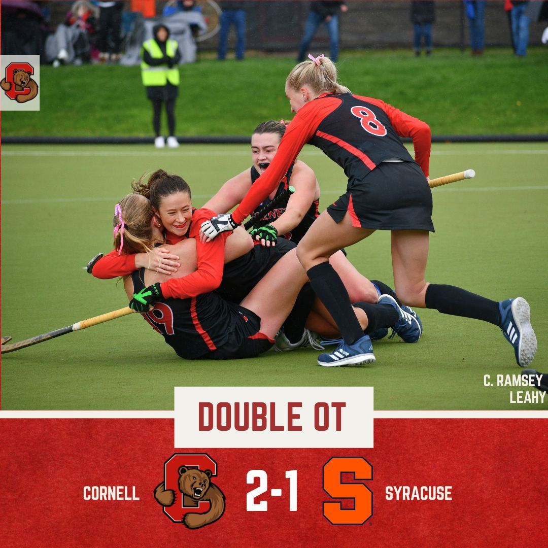 THE BIG RED TAKEDOWN #12 SYRACUSE IN AN INSANE DOUBLE-OT THRILLER. Caroline Ramsey scored the first goal, followed by 2 beautiful blocked penalty strokes by Martha Broderick. Grace Leahy finished the game off with her putback after a penalty corner. 

#YELLCORNELLL