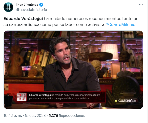 JulianMaciasT's tweet photo. Eduardo Verástegui en #CuartoMilenio promocionando su película "Sounds of Freedom" que promocionó toda la ultraderecha internacional. Organizador de la CPAC de México donde Steve Bannon pidió el golpe de estado en Brasil. Promotor de CitizenGo, Hazte Oír, plataformas de El Yunque https://t.co/iA8pvcCQoA