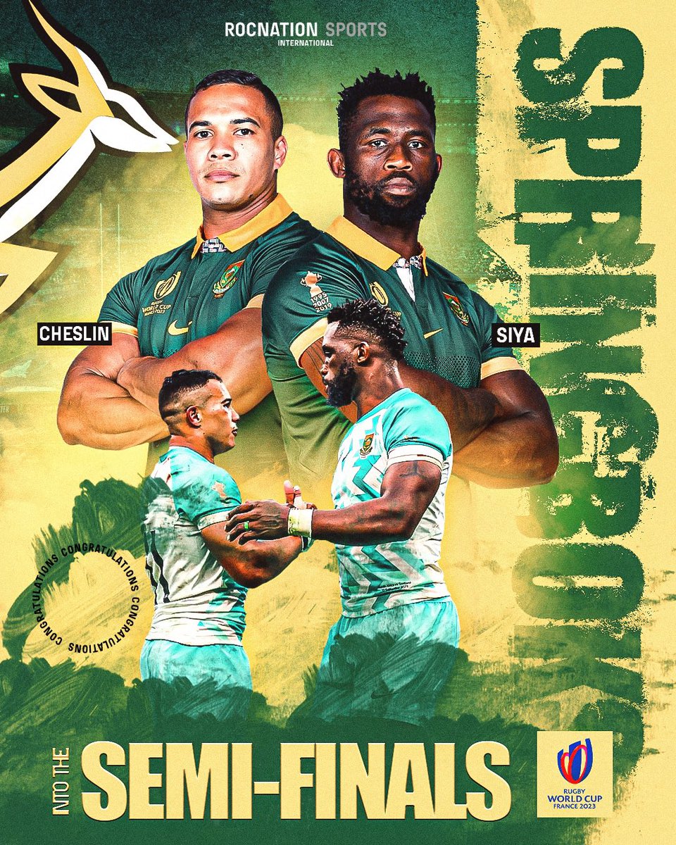 The Springboks are World Cup semi-finalists! Congratulations <a href="/SiyaKolisi/">Siya Kolisi</a> and <a href="/CheslinKolbe/">Cheslin Kolbe</a> 🏆🇿🇦

#RWC2023