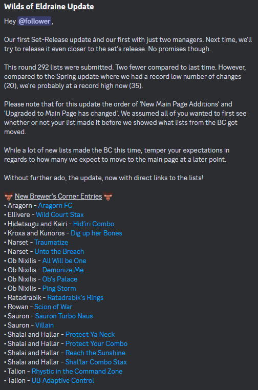cEDH_DDB's tweet photo. WILDS OF ELDRAINE CEDH DDB UPDATE  
https://t.co/Mr1uf3ayW2 will reflect these changes shortly.   

Note: We will not be responding to anything about the DDB on twitter. Please use the discord for discussion or feedback on submissions. Link to discord:   https://t.co/1CyZGOfbQV https://t.co/YyBxe6zxru