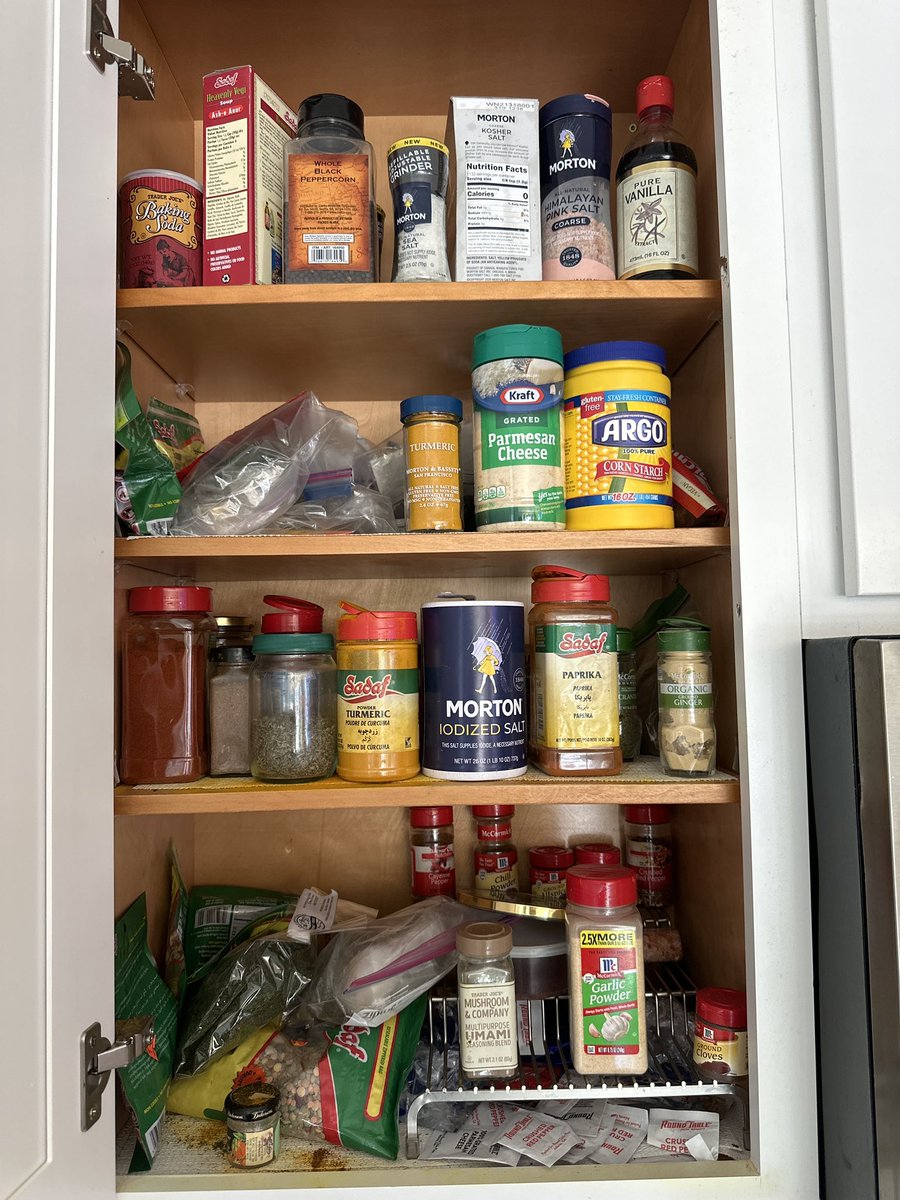 Scobleizer's tweet photo. Hey GPT can you make me an inventory of my spice rack?

+++++

Certainly! Based on the image you provided, here's an inventory of the spices and related items I can identify:

1. Baking Soda
2. Whole Peppercorn
3. Morton Kosher Salt
4. Morton Himalayan Pink Salt
5. Pure Vanilla Extract
6. Tumeric
7. Kraft Grated Parmesan Cheese
8. Argo Corn Starch
9. Morton Iodized Salt
10. Paprika
11. Organic Bay Leaves
12. Garlic Powder
13. Ground Cloves
14. Mushroom & Company Multipurpose Umami Seasoning
15. (There are a few other items in the image that are partially obscured, so I can't definitively identify them.)

Would you like more details or any other assistance regarding these items?