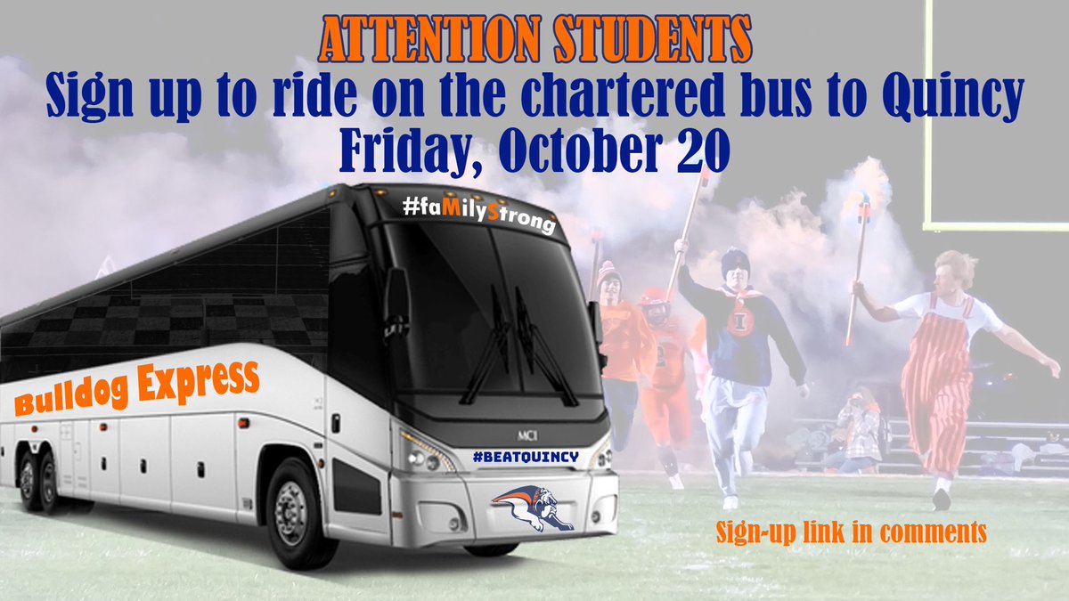 MSBulldogScores's tweet photo. There is a fan bus option available for high school students for the Friday October 20 Varsity Football game at Quincy. Still room on the Bulldog Express! @BulldogSection @MSBulldogFTBL @mshsathletics @bdgridironclub 

https://t.co/nAYxwV9Vhp https://t.co/Ttm2IS19Ii
