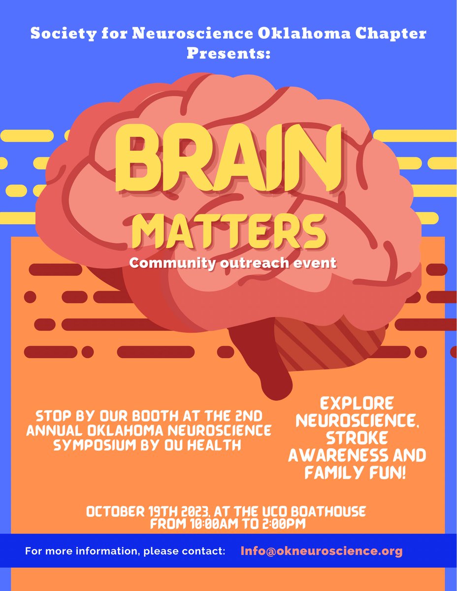 Jorge_Ortiz_G's tweet photo. “BRAIN MATTERS" Community outreach event. 
.
Join us for a day of neuroscience, stroke awareness, and family fun!
.
.
🏢 Oklahoma Boathouse 
🗓️ October 19, 2023
⏰ 10 AM to 2 PM
.
.
@OUNeuroscience @OU_Neurology @OU_Neurosurgery @OUPedsNeurosurg @OUvascneuFellow #Oklahoma https://t.co/HCdeWknOj3