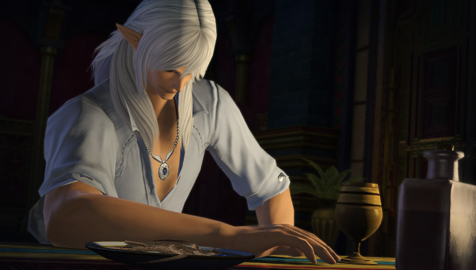 FFXIVXD's tweet photo. Estinien Varlineau seldom drank as an Azure Dragoon of Ishgard. The hunting of dragons consumed his every waking moment but now, he looks forward to the reward of a drink in the evening. He's also known to enjoy dried squid as well. https://t.co/D7E4YJTBxn