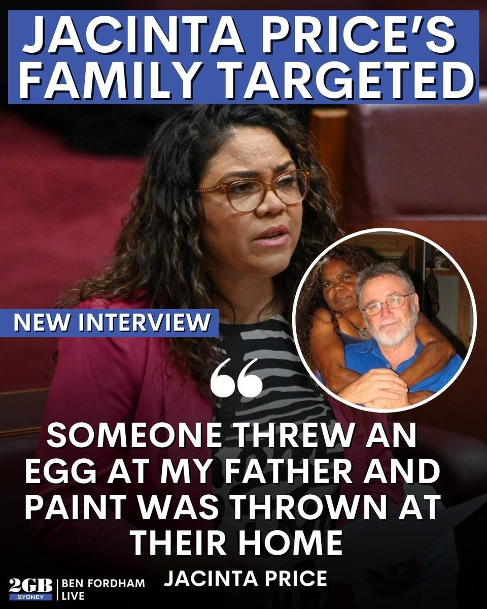 This is appalling.

Jacinta Price's family has been targeted.

Her father had an egg thrown at him on Saturday.

Her parent’s home was also vandalised.

Listen to the Senator’s FULL interview here…

🎧omny.fm/shows/ben-ford…🎧