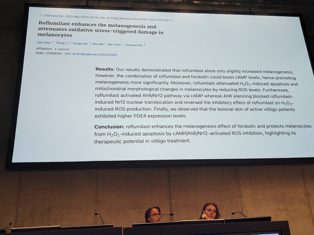 During the @eadv congress 2023 vitiligo session , novel targets / treatments have been proposed like roflumilast as it enhances melanogenesis and attenuates oxidative stress #eadvcongress #vitiligo #dermatology #roflumilast further studies are needed