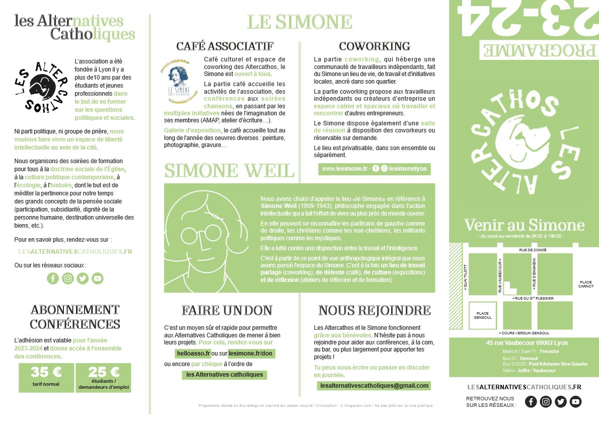 Le programme de l'année 2023-2024 des Altercathos est sorti ! 🥳
Vous pouvez le retrouver aussi en version papier au Simone, n'hésitez pas à passer et en prendre plusieurs pour en donner autour de vous !