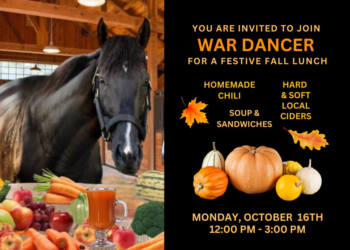 Don’t forget to join us for lunch tomorrow, Monday October 16th, between 12-3 PM. WAR DANCER, the #1 NY Turf Sire, will be on hand to view. Get ready for the Belmont synthetic track - Breed to WAR DANCER.