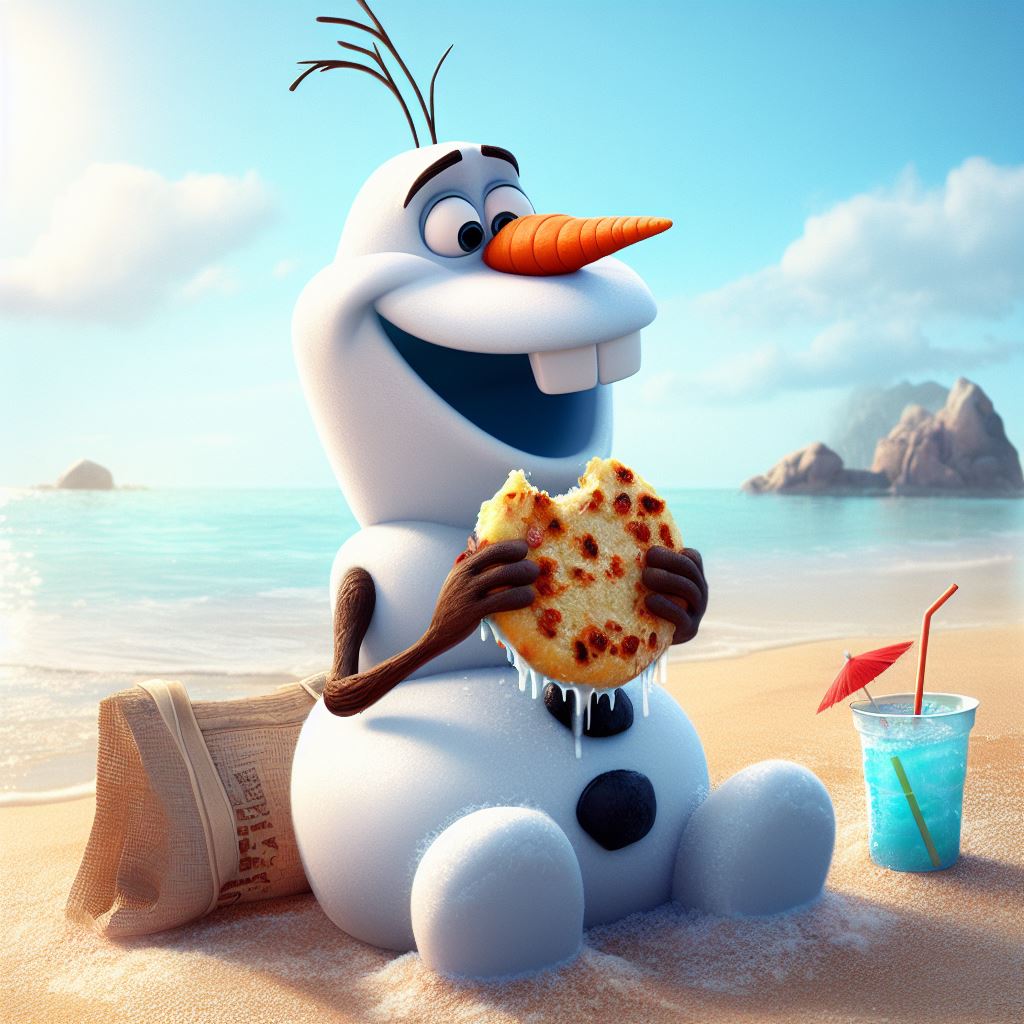 josemasbox's tweet photo. Mi novia quería probar una IA y lo primero que buscó fue "Olaf comiendose una arepa en una playa" https://t.co/N20gT2jxp8