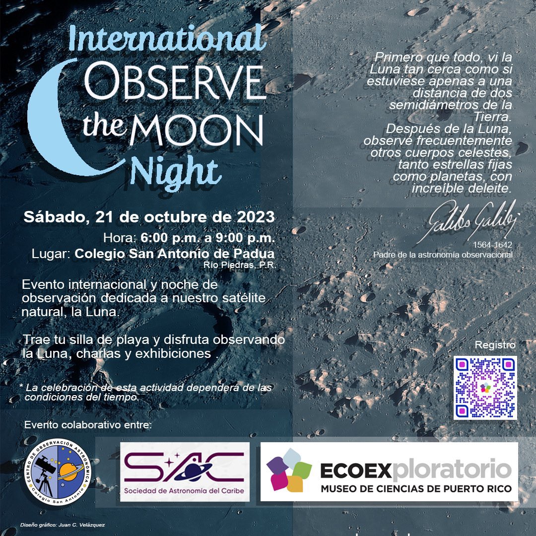 Porque amamos la Luna…🌕 este próximo sábado, 21 de octubre de 6:00-9:00 pm observaremos la Luna desde el colegio San Antonio, Río Piedras. Trae tu silla de playa y disfruta la 🌕. Observatorio CSA <a href="/observatoriocsa/">Observatorio CSA</a> , Sociedad de Astronomía del Caribe <a href="/Soc_AstroCaribe/">SocAstronomíaCaribe</a> y