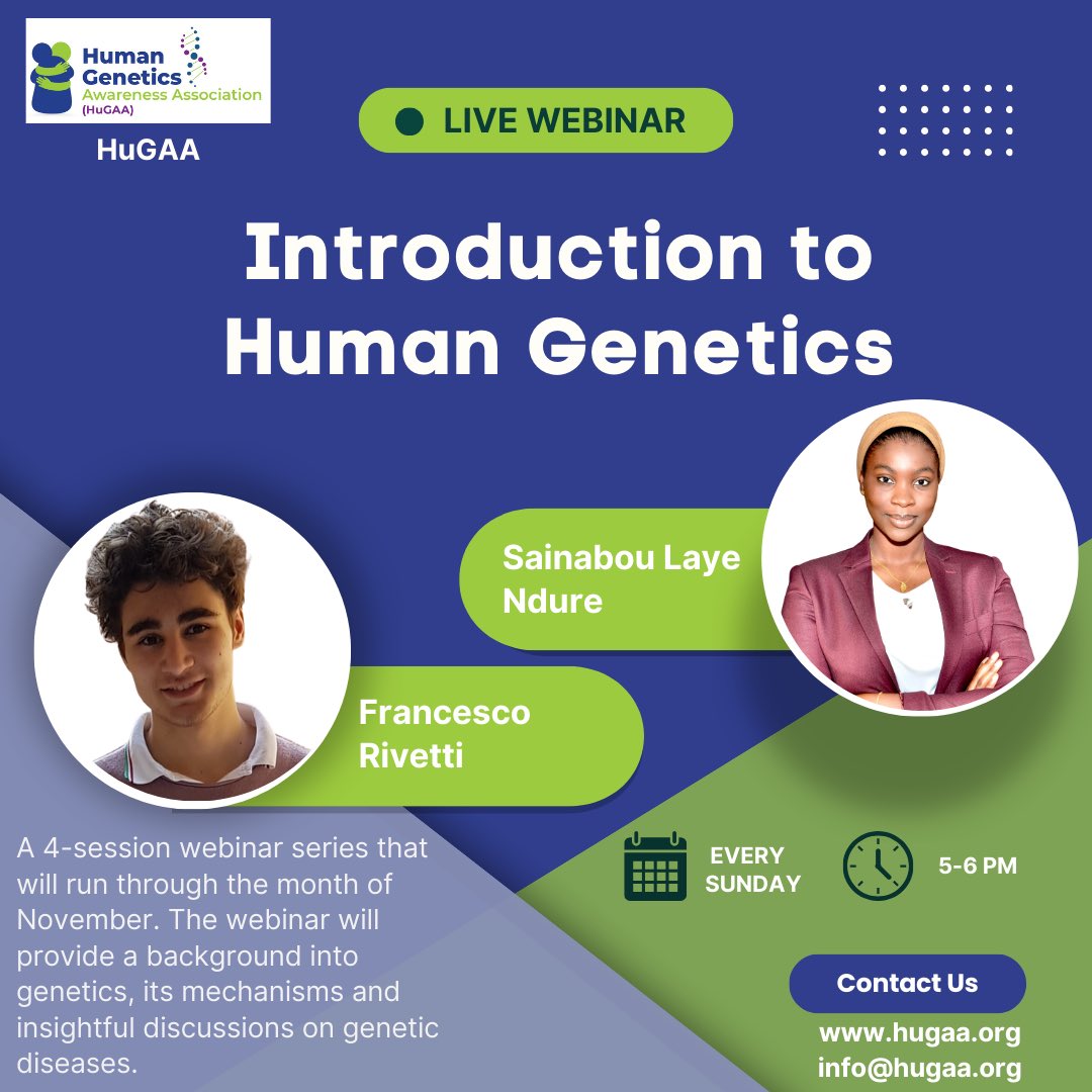 Announcing our groundbreaking HuGAA webinar series occurring in November! 🧬 Join us for an illuminating journey into Human Genetics. Stay tuned for more updates. 
#HuGAA #Humangeneticsawarenessassociation #GeneticsWebinar #ScienceUnveiled