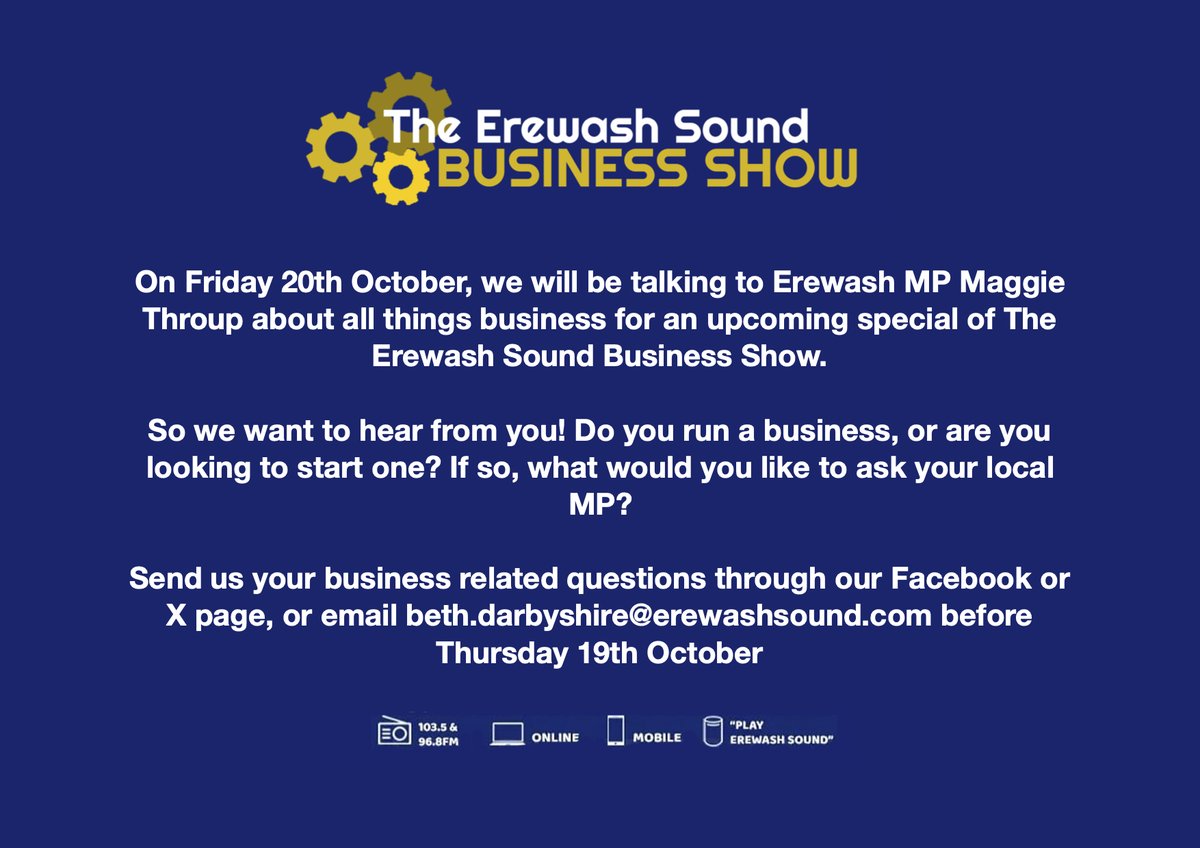 Do you have a burning business question you'd love to ask your local MP? Now is your chance! Send your questions in before Thursday 19th October #localbusiness #businessshow #ErewashSound