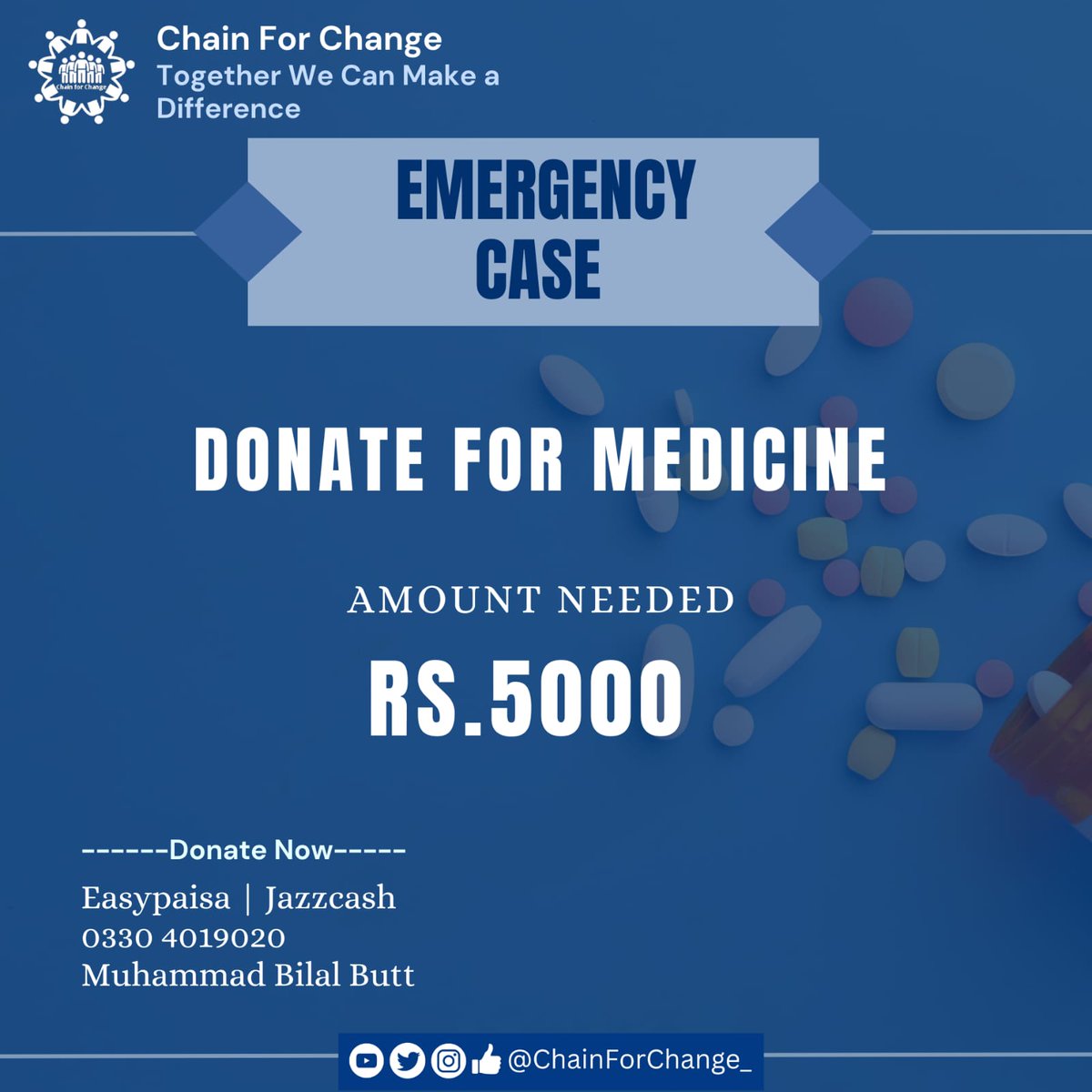 ChainForChange_'s tweet photo. ایک سفید پوش خاندان سے تعلق رکھنے والا ایک لڑکا جو کہ کالج کا سٹوڈنٹ بھی ہے۔ اس ادوایات کے لیے رقم درکار ہے، اس ماہ سیلری نہ ملنے کی وجہ سے وہ ادوایات خرید نہیں سکا۔ آپ سب سے درخواست ہے 100, 500، 1000 جتنا ہو سکے تعاون کریں تاکہ اس کی مدد کی جا سکے۔ 
Total Amount Required = 5000 https://t.co/86bvCgSkS7