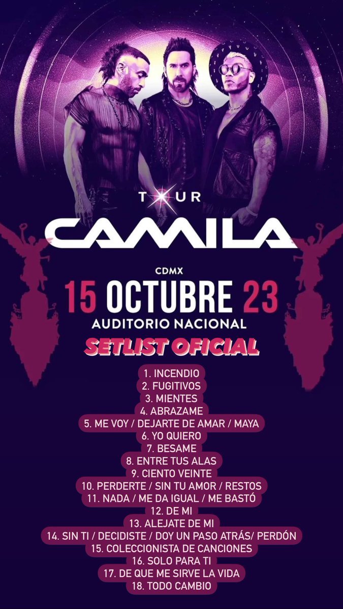 Les comparto el SETLIST OFICIAL de Camila @ Auditorio Nacional 🏟️ CDMX 📍 15 de Octubre 🗓️

🚨 Repertorio con la lista de canciones que cantarán esta noche 🚨

#Gira2023 #CDMX #México #Concert #AuditorioNacional #Concierto #Camila #CamilaTour #TourCamila