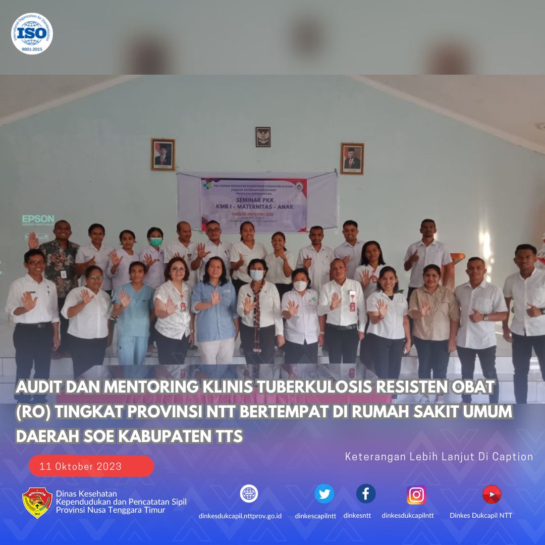 dinkesntt's tweet photo. 11 Oktober 2023 - Audit dan Mentoring Klinis Tuberkulosis Resisten Obat (RO) Tingkat Provinsi NTT bertempat di Rumah Sakit Umum Daerah Soe Kabupaten TTS.
#dinkesdukcapilntt2023 #ValidasiData #Tuberkulosis #P2PMNTT #TOSSTB #TBC #SITB #RBRO https://t.co/6pAsdjTYbJ