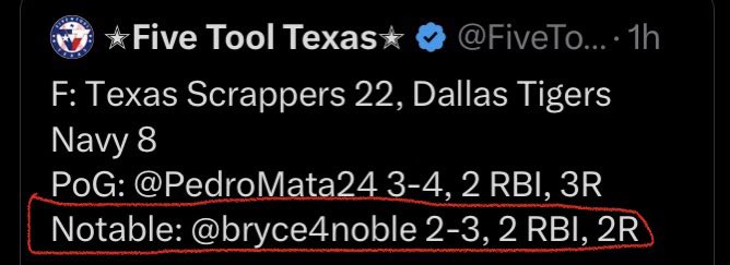 bryce4noble's tweet photo. Had a great weekend playing with the TX Scrappers. Caught today, went 2-3 at the plate with 2 runs and 2 RBI’s. Also had 2 throw downs for outs at 3rd.  Thanks coach Holt for inviting me out.  @Justin_Mcfadden @jaybybee24 @CPirateBaseball @jyeary522 @jwilliams2018 @BUncommitted https://t.co/n0bOY1jGXq