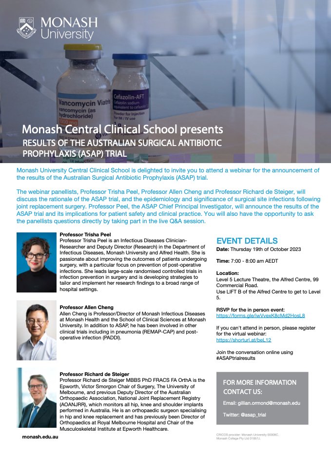 Join the <a href="/asap_trial/">ASAP Trial</a> results webinar by <a href="/DrTrishaPeel/">DrTrishaPeel</a> this Thurs 19 Oct.  Prof Tomas Corcoran &amp; Dr David Daly <a href="/ANZCA/">ANZCA</a> are among the expert panellists who will discuss the clinical implications of the results. Visit: shorturl.at/beL12
<a href="/Monash_FMNHS/">Monash Medicine, Nursing and Health Sciences</a> <a href="/peripatetical/">Allen Cheng</a> <a href="/nhmrc/">NHMRC</a>