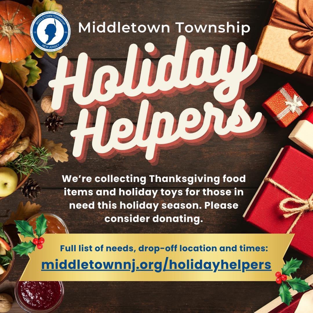 🍁🦃 Looking to spread some holiday cheer? Middletown Township is pleased to present Holiday Helpers to support our Middletown families in need with our upcoming Thanksgiving Food and Gift drives!