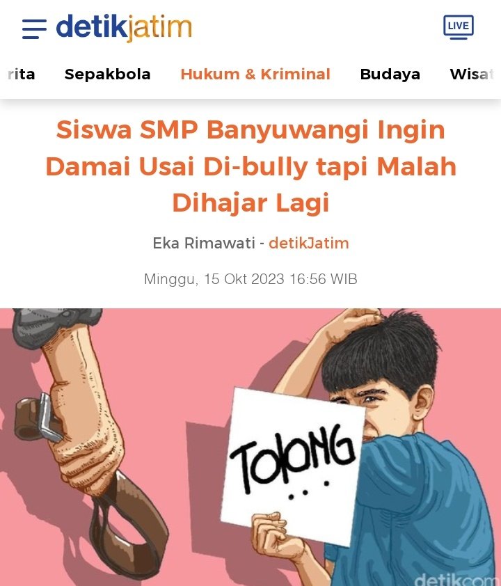 Heraloebss's tweet photo. DAN TERUS TERJADI

RDA (13), siswa kelas VIII SMP  dilarikan ke rumah sakit akibat retak tulang. Pelaku adalah B yang melakukan perundingan terhadap korban pada Jumat (13/10/2023).

Ortu lapor Guru, Guru bilang Nanti, 
RDA Digebukin lagi oleh Pelaku 

📍Banyuwangi https://t.co/wxm5Tgqi8J