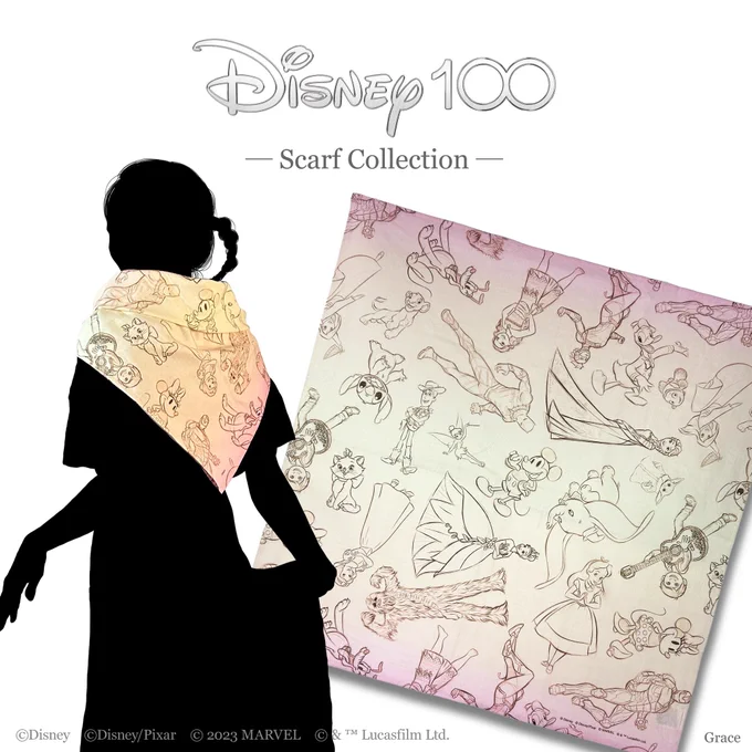 【Disney100/ Scarf】 -Sketch-  色んなディズニーキャラクターが素描風のイラストでレイアウト 柔らかなピンク系のカラーと合わさり、ぬくもりある優しいデザインです  #ディズニー #Disney #ミッキー #アリス #スターウォーズ #スティッチ #ウッディ #ミゲル #ドナルド #ティアナ
