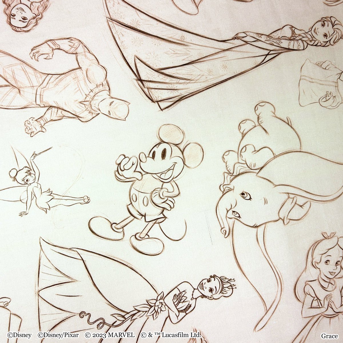 【Disney100/ Scarf】 -Sketch-  色んなディズニーキャラクターが素描風のイラストでレイアウト❗️ 柔らかなピンク系のカラーと合わさり、ぬくもりある優しいデザインです✨  #ディズニー #Disney #ミッキー #アリス #スターウォーズ #スティッチ #ウッディ #ミゲル #ドナルド #ティアナ
