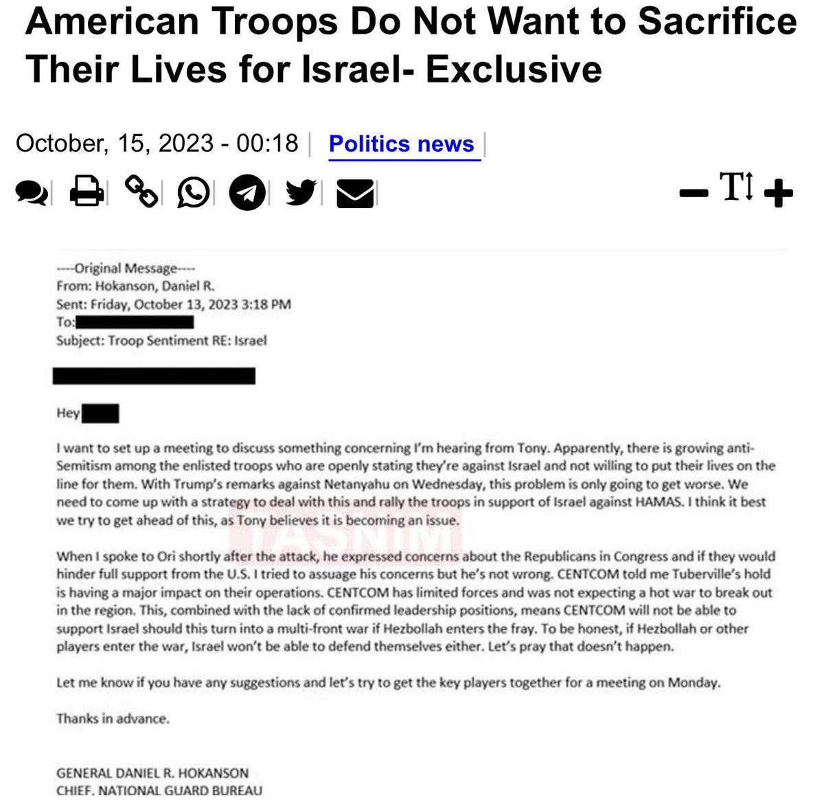 Leaked email reveals that military Generals are getting concerned because their soldiers do not want to go die for Israel. Calling it a “rise in antisemitism” 

This explains the total 180 flip in pro-Israel propaganda today on all news networks. 

They’re trying to manufacture