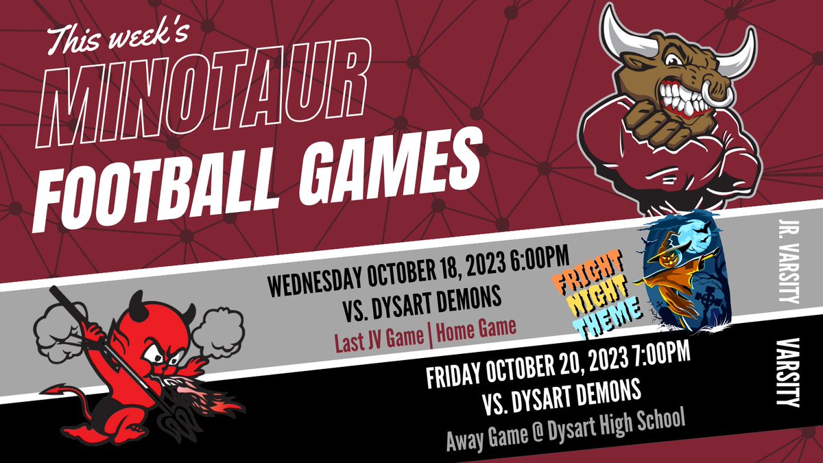 OIfootballbc's tweet photo. Football fever is in the air! Our Minotaurs are ready to take the @DysartFootball  X2 this week! Come out to support JV at their LAST game at home on Wed at 6pm, theme is Fright Night. Varsity plays their 2nd to last game at Dysart at 7pm. Let's show our teams some love https://t.co/ypZIlf7RtE