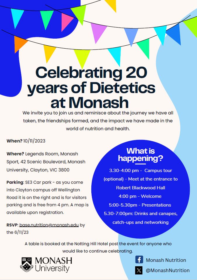 📢Calling all past and present @MonashNutrition dietetics students & alumni - we are excited to invite you to celebrate 20 years of #dietetics at @MonashUni. RSVP to base.nutrition@monash.edu and we look forward to seeing you on November 10th PING @SCSMonash @Monash_FMNHS