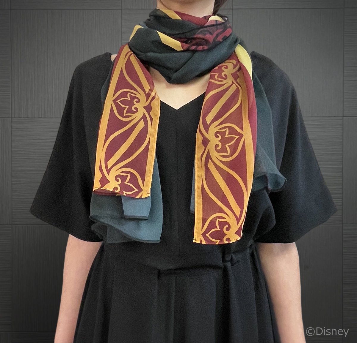 solo scarf head out of frame short sleeves 1girl black dress arms at sides  illustration images