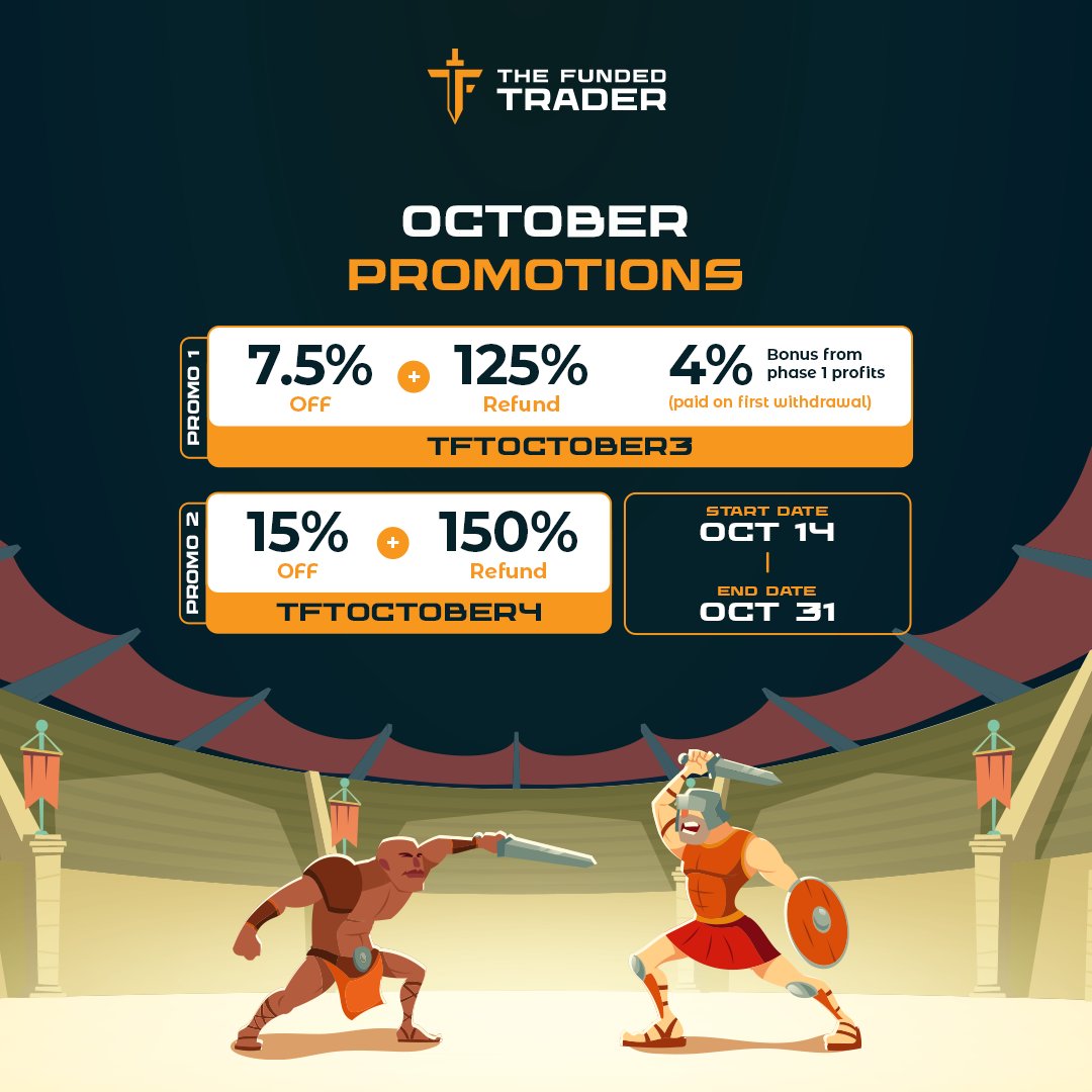 thefundedtrader's tweet image. NEW PROMOTIONS LIVE 🪦  
Promotion 1: 7.5% off + 125% refund + 4% bonus from phase 1 profits (paid on first withdrawal)
Promotion Code: TFTOCTOBER3 

Promotion 2: 15% off + 150% Refund
Promotion Code: TFTOCTOBER4 

Promotion 3: 50% off + 125% Refund $5k and $10k challenges only.…