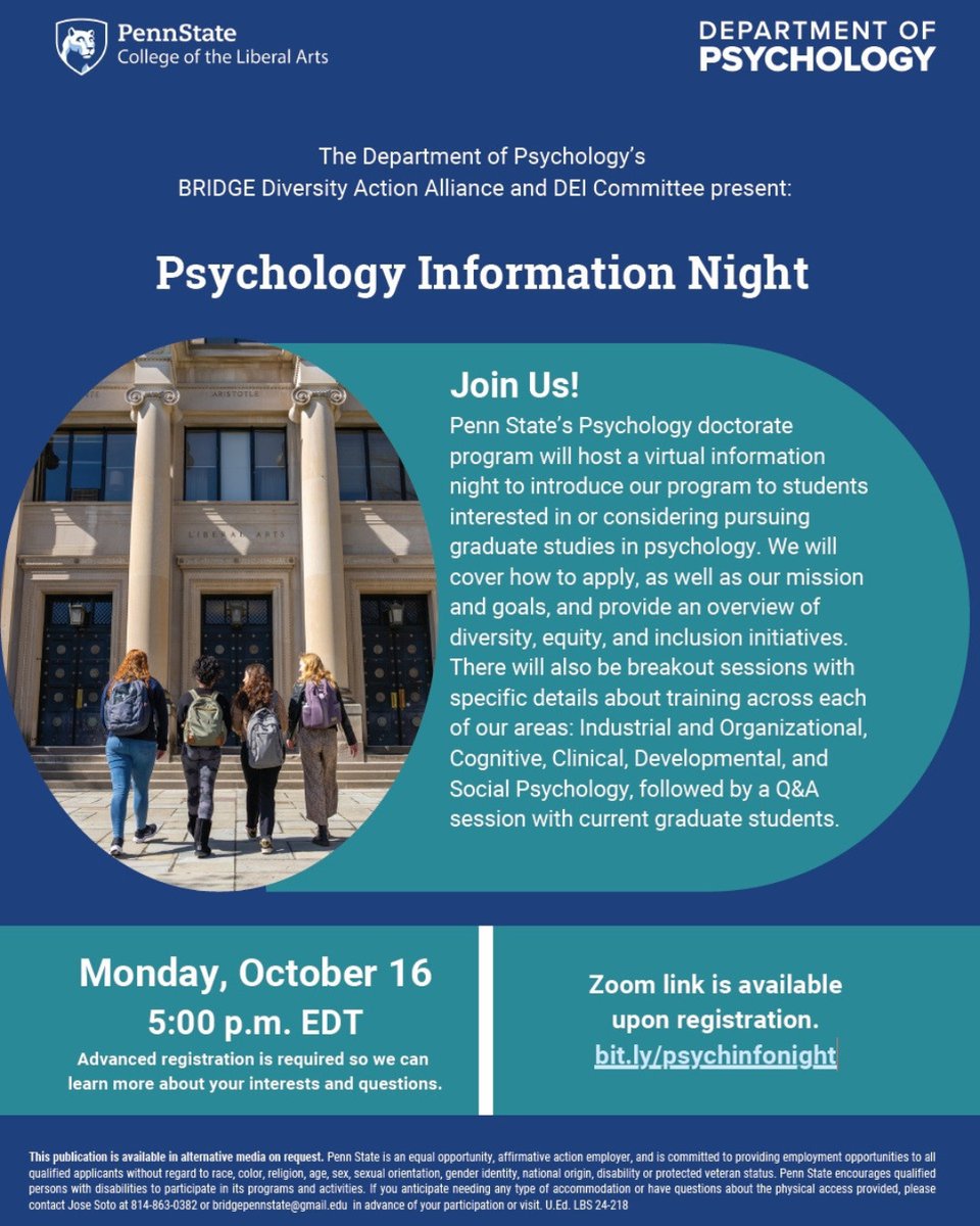Penn State Psychology (@psupsychology) on Twitter photo Penn State’s Psychology doctorate program will host a virtual information night to introduce our program to students interested in or considering pursuing graduate studies in psychology. Monday, Oct. 16th at 5:00pm EDT. Registration required for Zoom: bit.ly/psychinfonight Penn State’s Psychology doctorate program will host a virtual information night to introduce our program to students interested in or considering pursuing graduate studies in psychology. Monday, Oct. 16th at 5:00pm EDT. Registration required for Zoom: bit.ly/psychinfonight