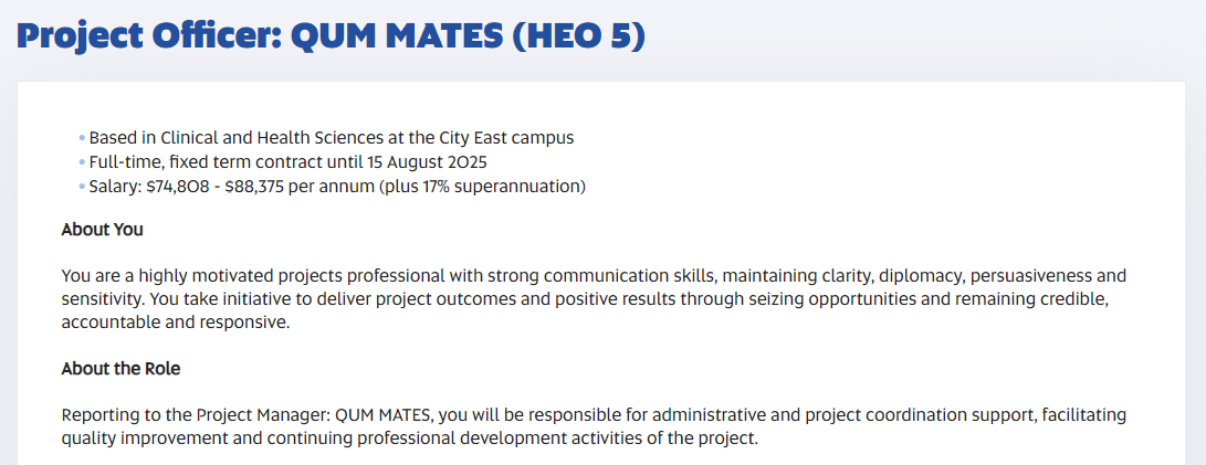 Come join us at <a href="/QUMPRC/">QUMPRC</a> <a href="/UniversitySA/">UniSA</a> if you're interested in quality improvement activities for healthcare professionals and consumers.

More positions to come soon.

Full time, fixed term contract until Aug 2025
Links 👇
seek.com.au/job/70750374
seek.com.au/job/70754042
