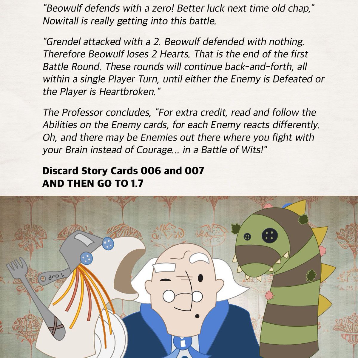 Chapter One of Storyburg acts as a tutorial... and here's a sample of Professor Knowitall teaching combat through the use of his Beowulf and Grendel sock puppets!

#boardgame #tabletopgames #games #newgames #storyburg #deckbuilding  #kickstarter #iloveboardgames #fun