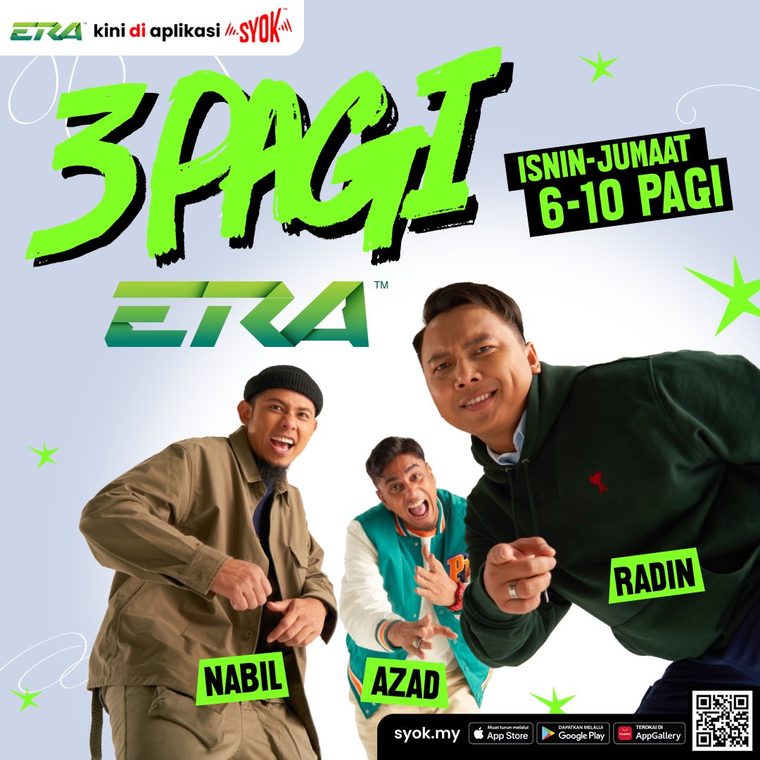 ERAdotje's tweet photo. Salam and morning korang! Jom start pagi ni dengan layan #3PAGIERA bersama Nabil, Azad &amp; Radin . Strim di apps Syok, YouTube Live ERA ataupun dengarkan di Astro Saluran 856 ! @nabilzira @azadsyaziraroses @radin_era #sharER https://t.co/kwU7Nf95tp