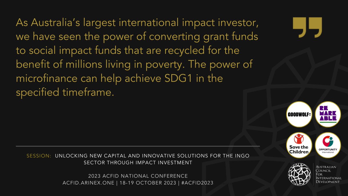 Join <a href="/savechildrenaus/">Save the Children Australia</a>, <a href="/OpportunityAUS/">Opportunity International Australia</a>, GoodWolf Partners and @RemarkableTech session on ‘Unlocking new capital and innovative solutions for the INGO sector through impact investment’ at ACFID National Conference 2023.

#ACFID2023
acfid.arinex.one