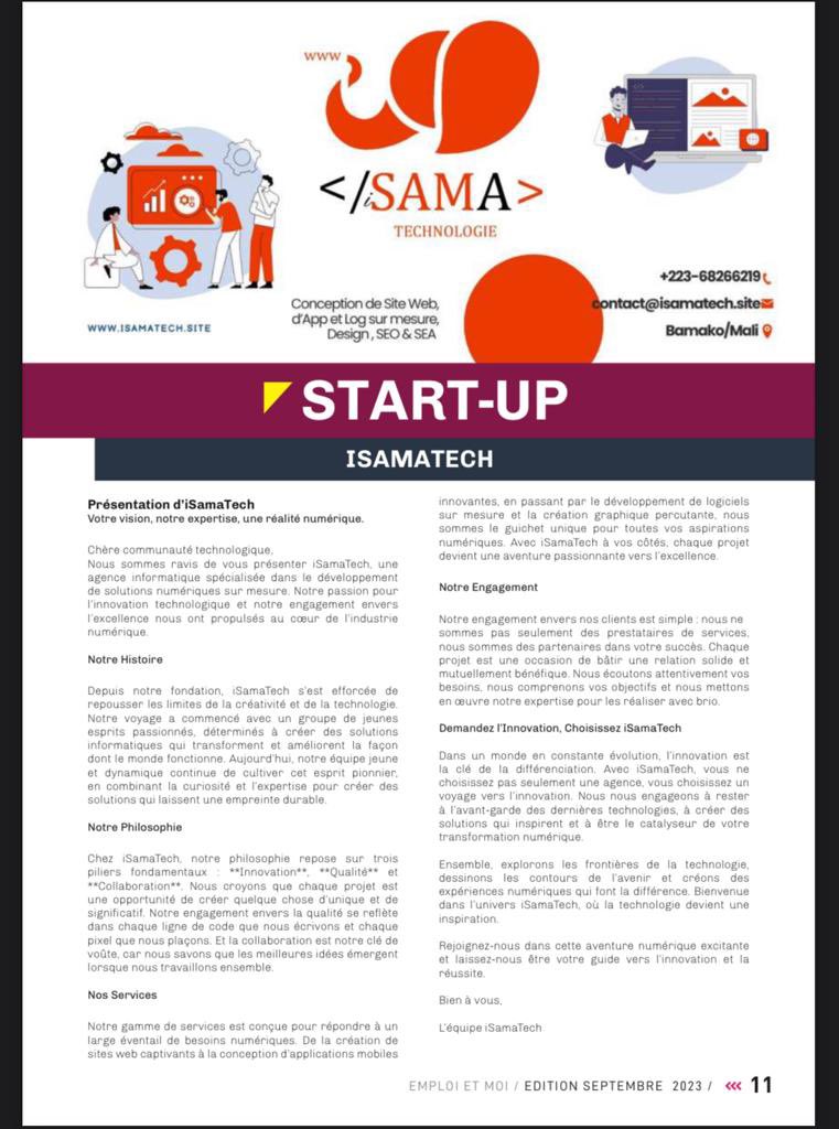 Poudiougou9's tweet photo. Nous sommes ravis de vous annoncer que IsamaTech figure désormais dans le catalogue 📊mensuel de "Emploi et Moi." Cette collaboration🤝 renforce notre engagement à vous offrir des opportunités professionnelles de qualité.🚀 https://t.co/GEfYbKaIOd