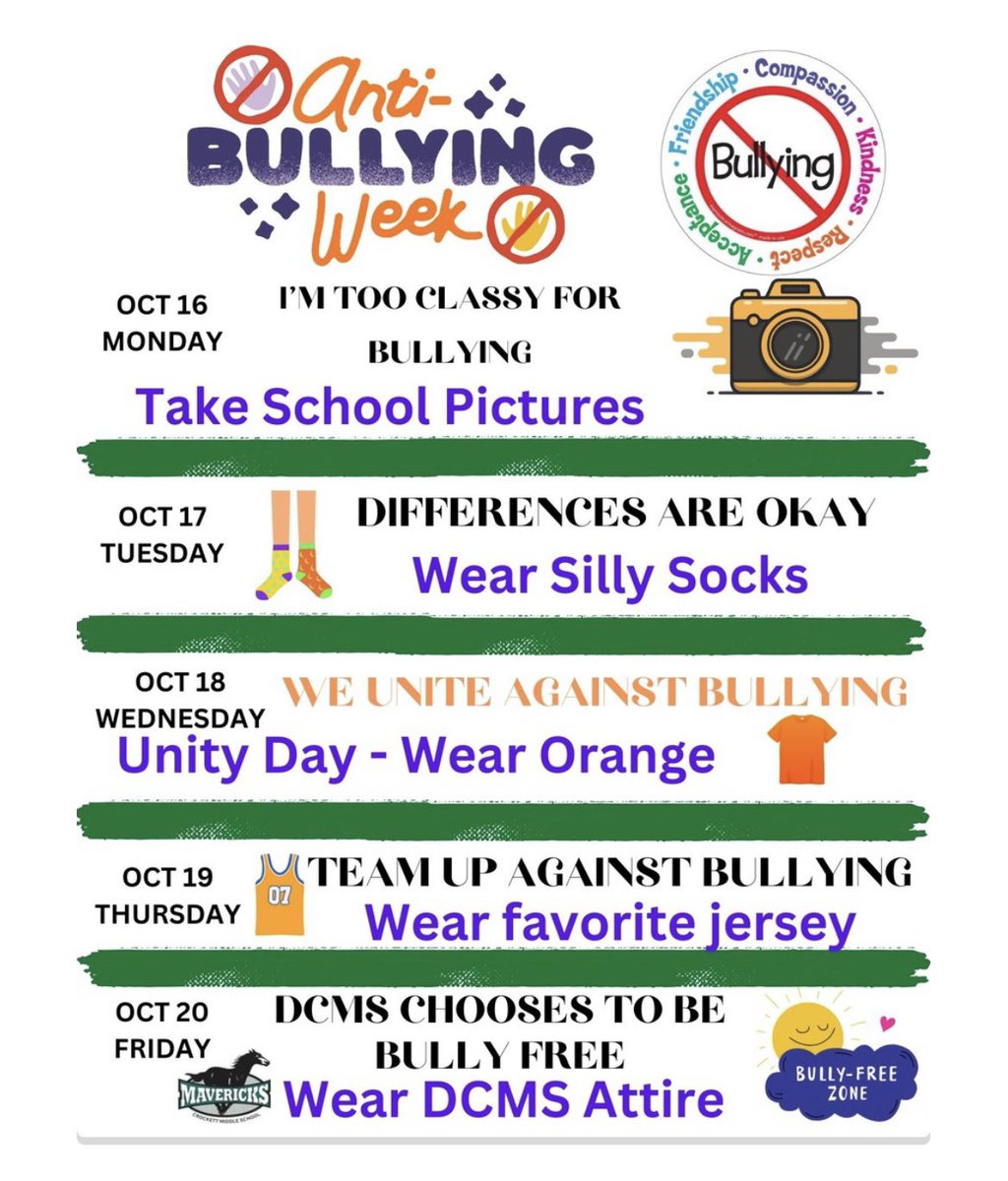 Mavericks! Take advantage of our Anti Bullying Spirit Week! Show is your Maverick Spirit and stand up to bullying! #KnowYourImpact #ChooseToCare #WeR1