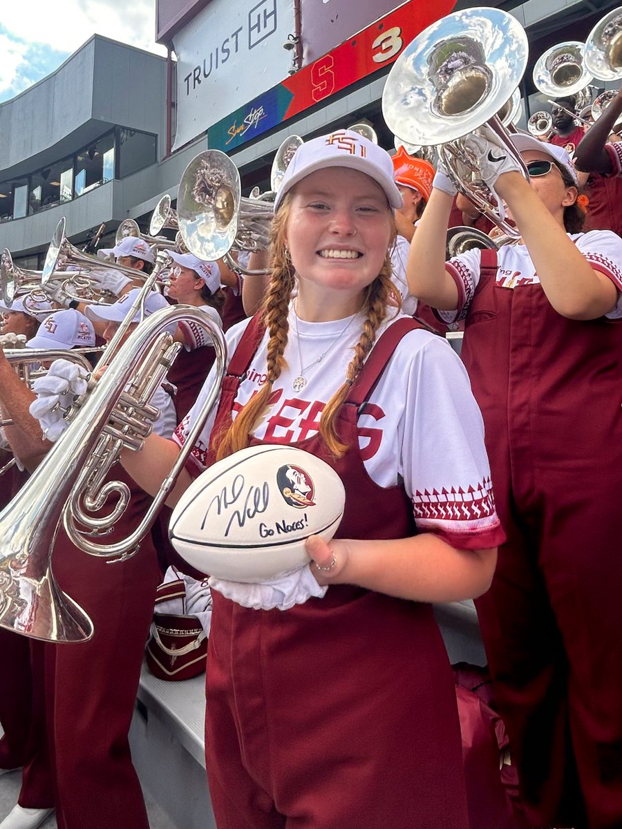 FSUChiefs's tweet photo. The ’game balls’ thrown to us by @Coach_Norvell after the win over Syracuse were caught by two members in our horn section (HornZ); 2nd year member McKenzie Baker and 1st year member Brandon Bourdeau. Looking forward to supporting you on Saturday night, Coach. 👊🏻 #MCATDT https://t.co/lARD2ctkCO