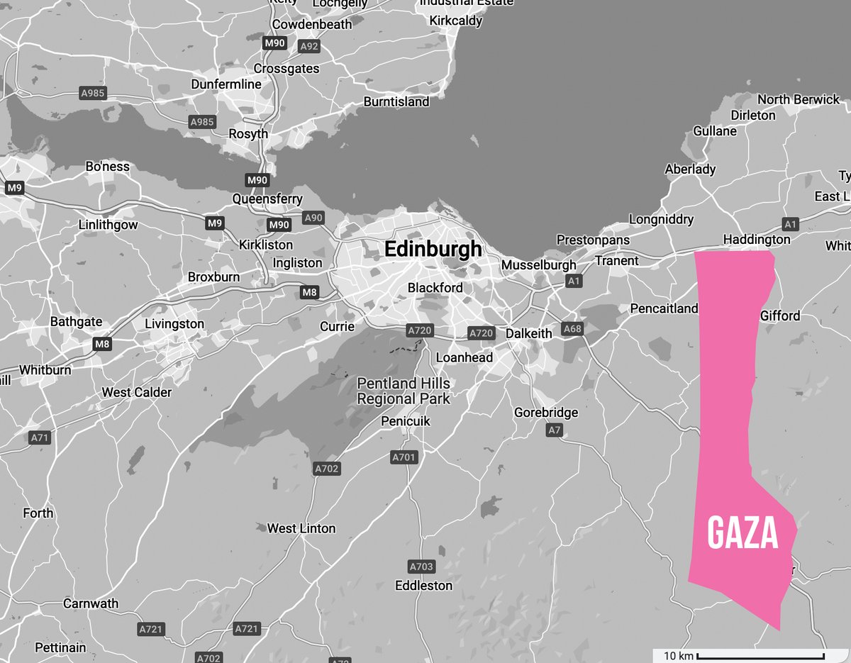 Here is the size of Gaza (to scale) compared to my hometown of Edinburgh.  2 million people live in this wee area.