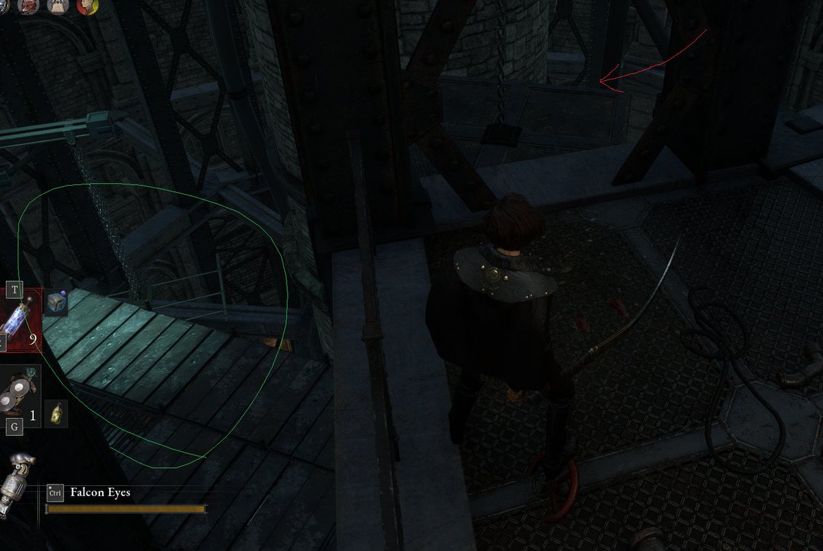 Problem_Machine's tweet image. I've been really liking Lies of P but this is a truly egregious piece of level design. The platform the red arrow is pointing to has a kill volume attached, causing instant death. This is made worse by the lit spot circled in green suggesting I should be trying to get there.