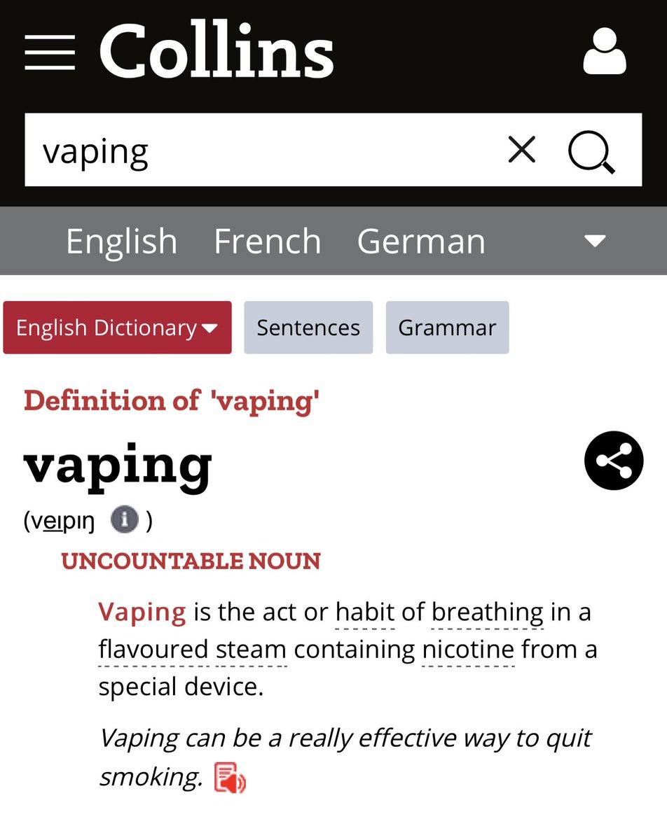 LivePippas's tweet photo. Collins just updated their “vaping” definition. 

Anti vaping ideologues takes note, because every time you refer to “vaping” now, you are agreeing by language definition that:

“Vaping can be a really effective way to quit smoking.”

Turn up your volume then 
Click on the speaker icon! 

https://t.co/RFOcswy8TC

@AlexWodak @Clive_Bates @ChaunceyGardner @LanceChurchill @ColinMendelsohn @GregTHR @CASAAmedia @caphraorg @asaca_au @IrelandNna @grannylouisa @jamomartin @drjoesDIYhealth @vaper_the @VaperNt @PruenRichard