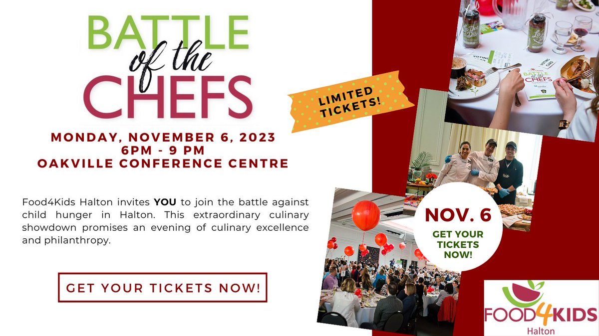 🍽️ Exciting News! 🍽️ It’s time, foodies! 📅 Food4Kids Halton Battle of the Chefs tickets are on sale!!! Get your tickets fast, because you won't want to miss this culinary extravaganza!!!🎉 
food4kidshalton.ca/battleoftheche…
#GetYourTickets #nochildgoeshungry #weekendswithouthunger