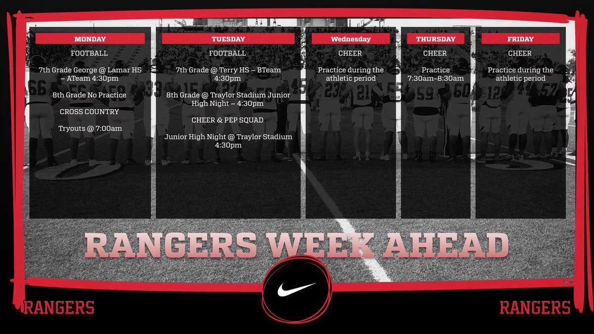 🚨 RANGERS WEEK AHEAD 🚨

Check out what’s going on with Ranger Athletics this week!!
<a href="/GJHRangers/">George Junior High</a> <a href="/DrErinForbes/">Erin Forbes, Ed.D.</a> @coachford18 <a href="/Darnelljackson6/">Darnell Jackson </a> <a href="/lcisdathletics/">LCISD ATHLETIC DEPT.</a>
