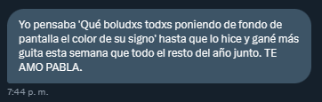 PablaLunar's tweet photo. cuando me llegan mensajes asi me prendo un pucho y miro a la nada 🚬 https://t.co/aay0YQXzvk