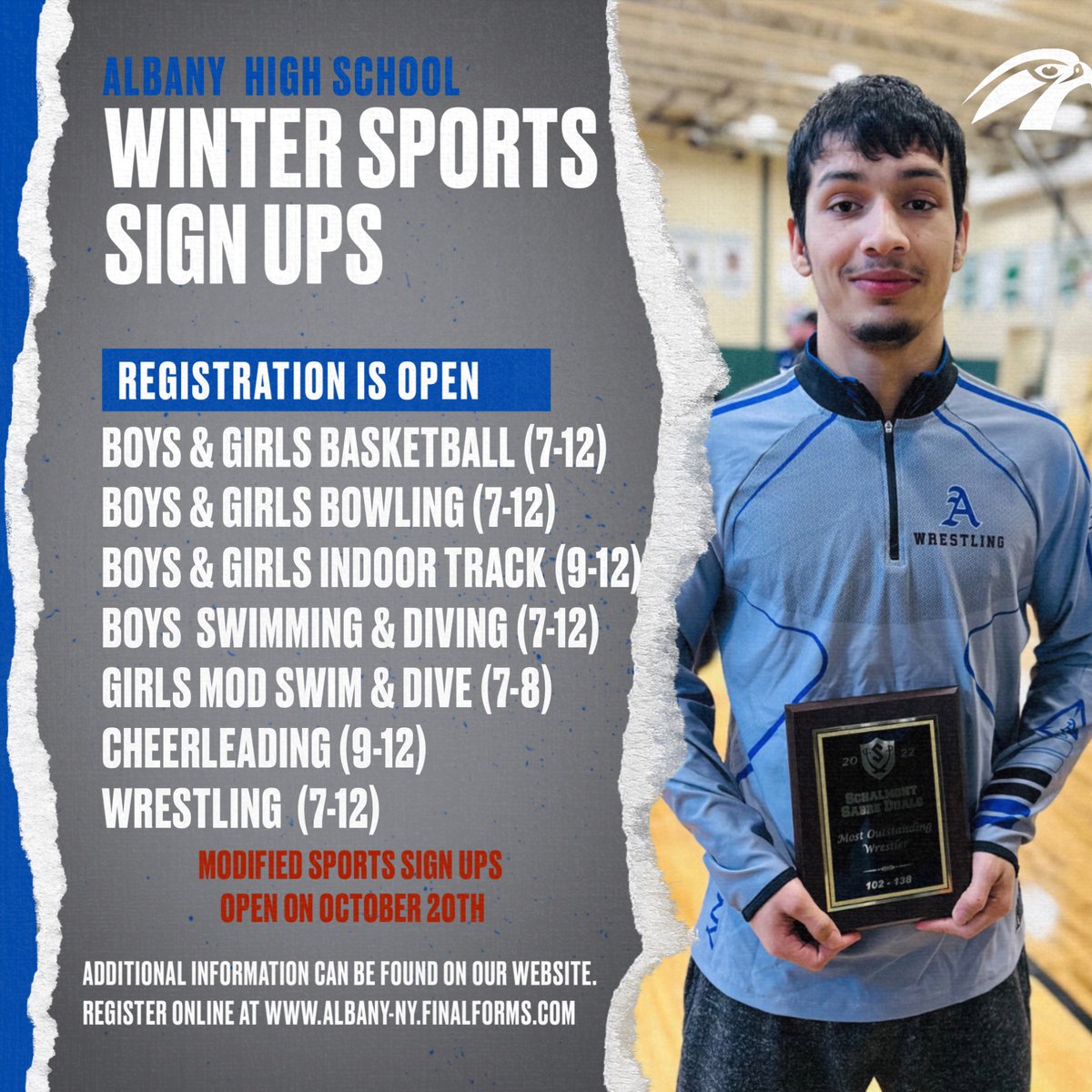 Albany Falcons (@ahsfalconsnest) on Twitter photo Winter sports sign ups are open for high school athletics. Modified sign ups open on Oct 20th. mod swim doesn't open until late December.
more information can be found at albanyschools.org/athletics
💙 #falconpride <a href="/albanyschools/">City School District of Albany</a> <a href="/AlbanyBooster/">Albany Booster Club</a> Winter sports sign ups are open for high school athletics. Modified sign ups open on Oct 20th. mod swim doesn't open until late December.
more information can be found at albanyschools.org/athletics
💙 #falconpride <a href="/albanyschools/">City School District of Albany</a> <a href="/AlbanyBooster/">Albany Booster Club</a>