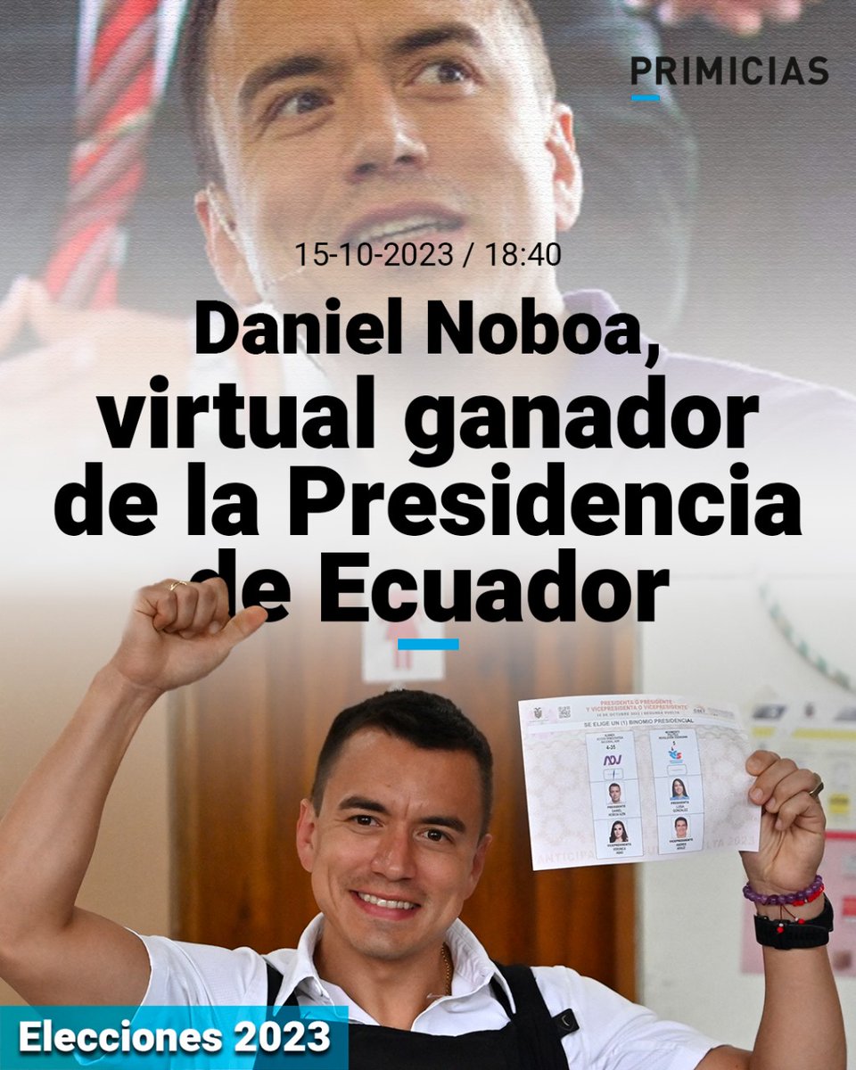 Primicias's tweet image. #ATENCIÓN | Con el 51% de actas escrutadas, Daniel Noboa ya es el virtual ganador de la Presidencia de Ecuador. prim.ec/NLOT50PWVek