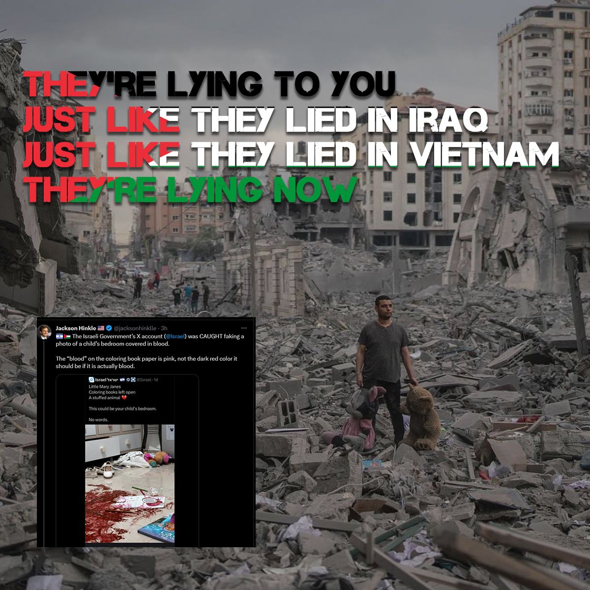 elnahda20's tweet photo. @JudgeJeanine #EscapeTheMatrix 
Don't Trust the Media
Seek the Truth
They're Lying to You
Just like they lied in Iraq
Just like they lied in Vietnam
They're lying now
Everything is Fabricated
They admit, ethnic cleansing
#IsraelFightsBack 
#IsraelPalestineConflict 
#Isarael 
#IsrealUnderAttack https://t.co/ockN3myFi6