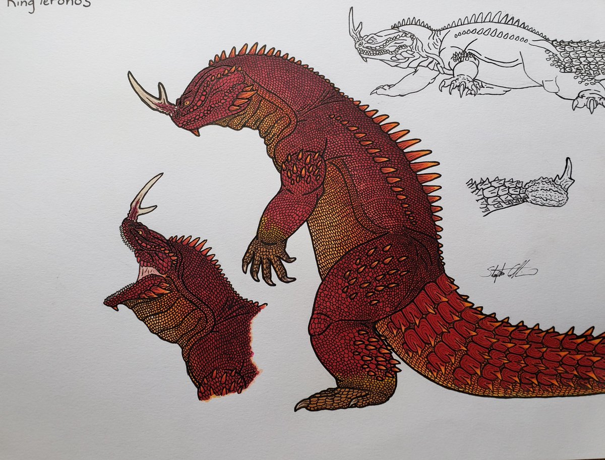 Very minor change to King Teronos. His back spines. Uromastyx lizards do not have back spines, so to give him large spines like an iguana just won't work. So I brought back his short spines from one of my older pictures. 
#kingteronos #kaiju #uromastyxkaiju