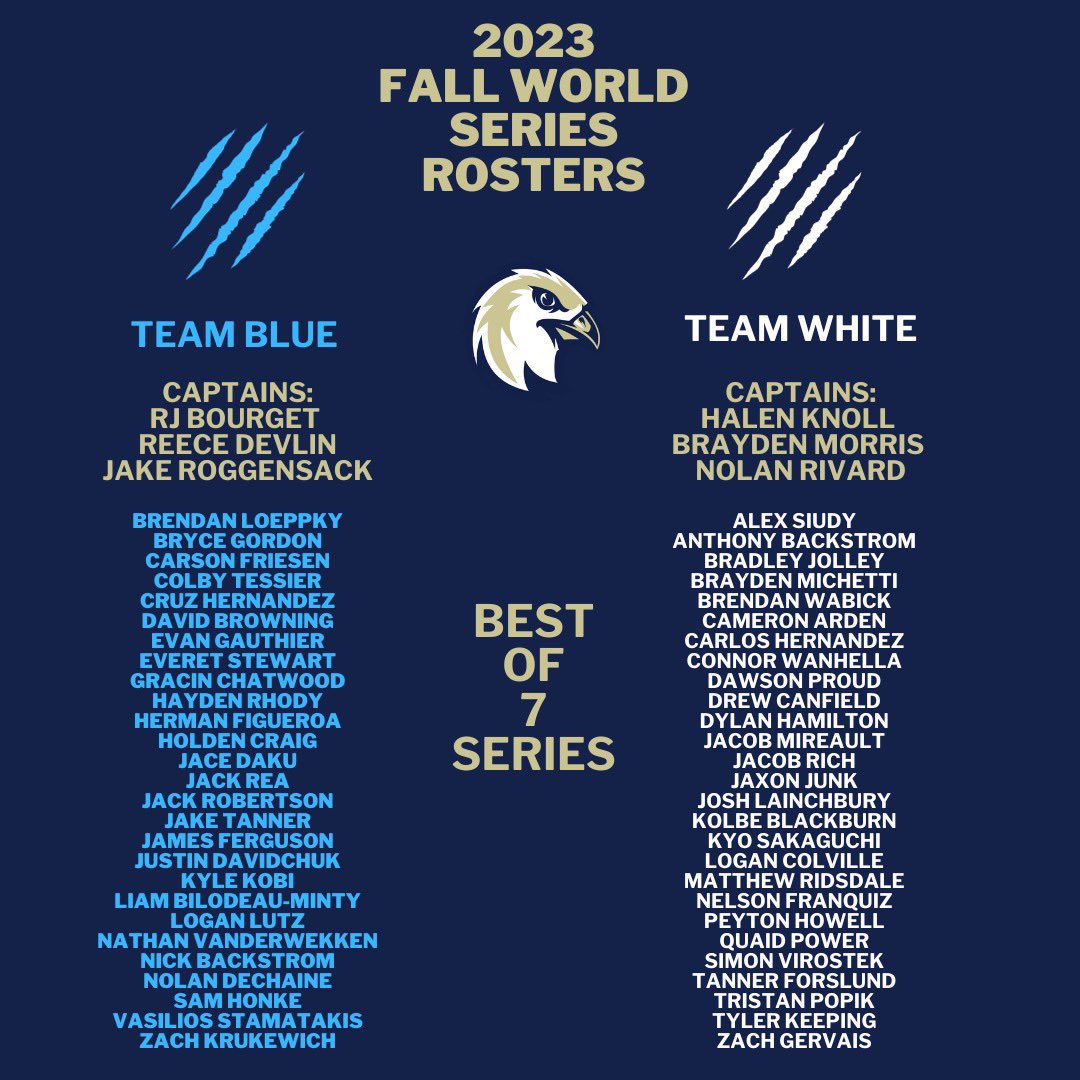 ECHawksBaseball's tweet photo. Join us at RE/MAX Field this week for our 2023 Fall World Series. 

Team Blue is taking on Team White in a Best of 7 Series beginning tomorrow at 4:15pm.

#EdmontonCollegiate #RockTheHawk https://t.co/npMfk5QEJr