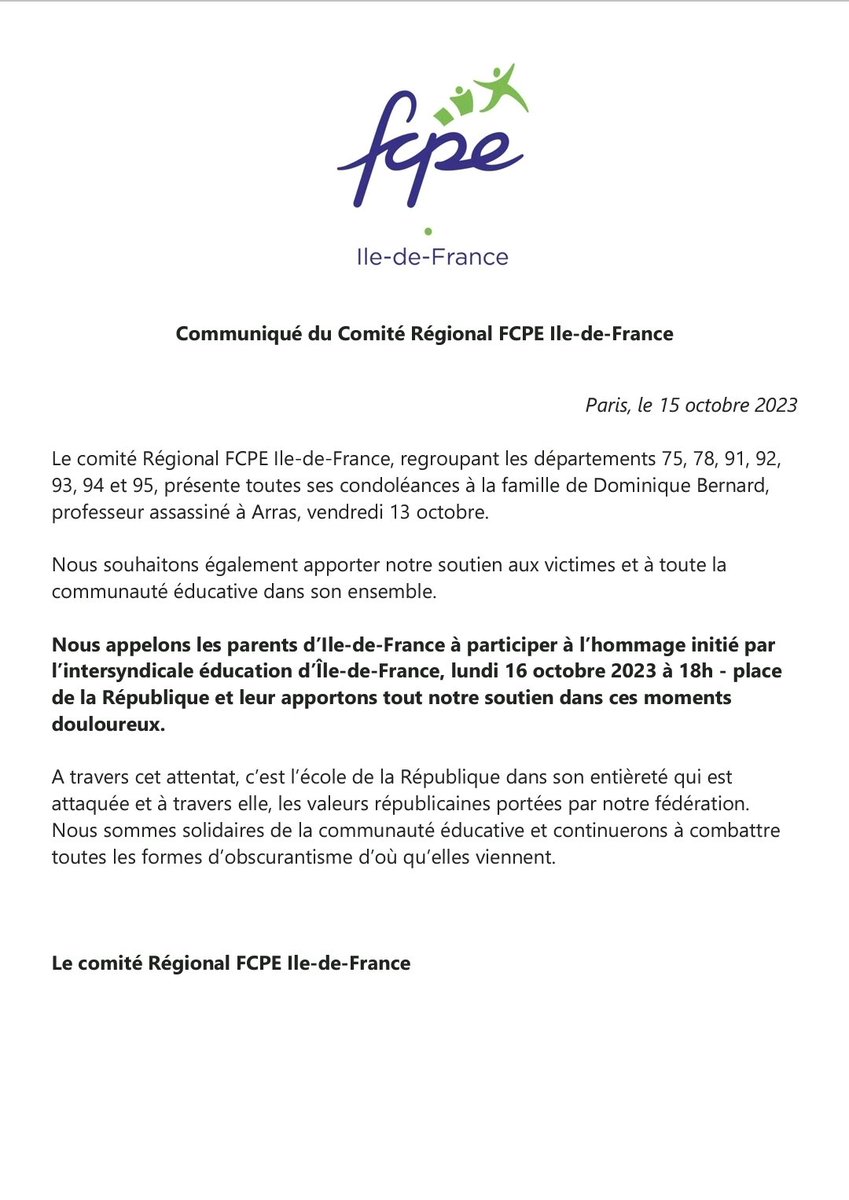 SHAIMA948's tweet photo. 📄 Communiqué du Comité Régional FCPE Ile-de-France
🕊 Hommage à Dominique Bernard, professeur assassiné à #Arras.
📌 Lundi 16 octobre à 18h00
📍 Place de la République/Paris
@education_gouv @FCPE94 @AcCreteil @Prefet94 @valdemarne_94 @FCPE_nationale https://t.co/AEG2Ly1ibu